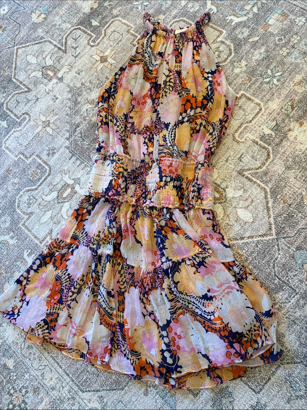 A.L.C. Floral Halter Tiered Mini Dress in Pink & Orange